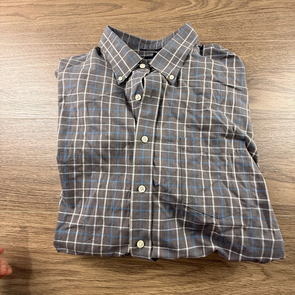 Lands' End Men's Twill Button Front Shirt Gray Windowpane Plaid Size XL Tall